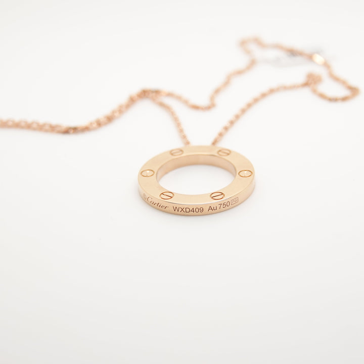 Pre-owned Cartier 18ct rose gold love pendant on chain
