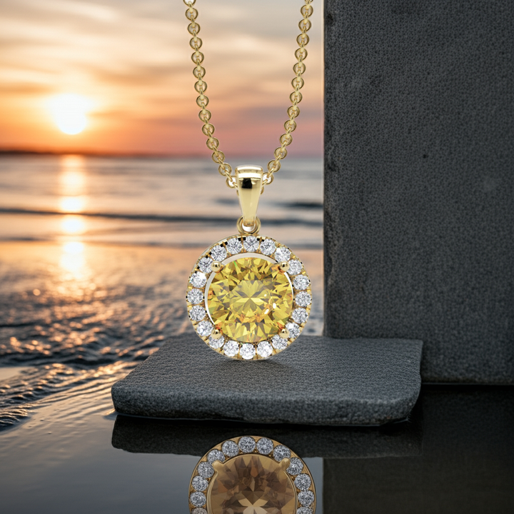18ct yellow gold yellow sapphire and diamond pendant and chain