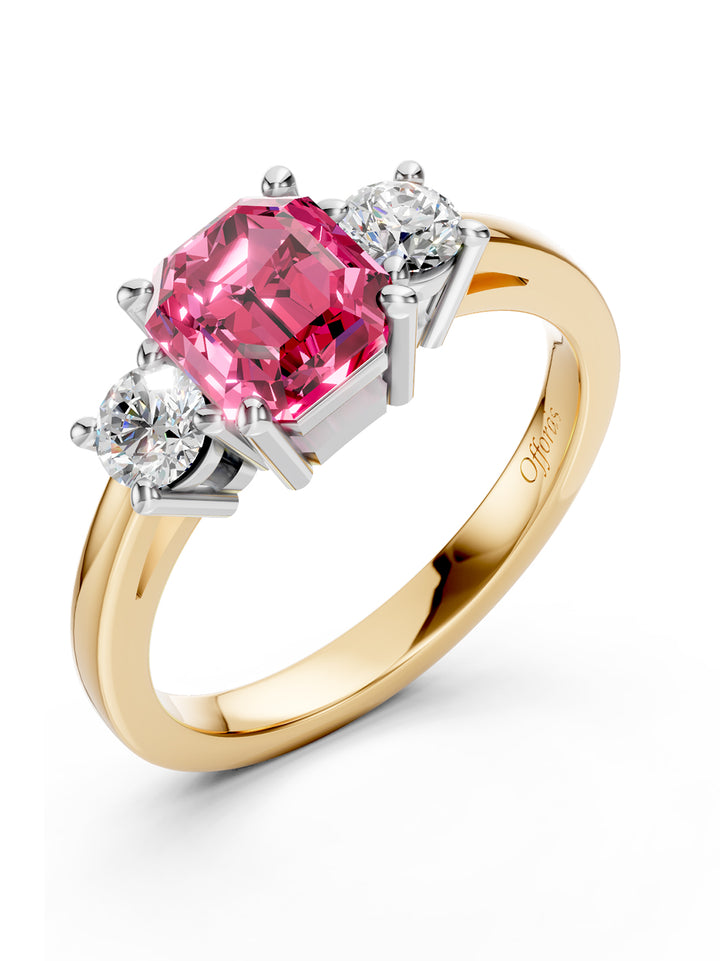 18ct & platinum pink Mehenge spinel & diamond three stone ring