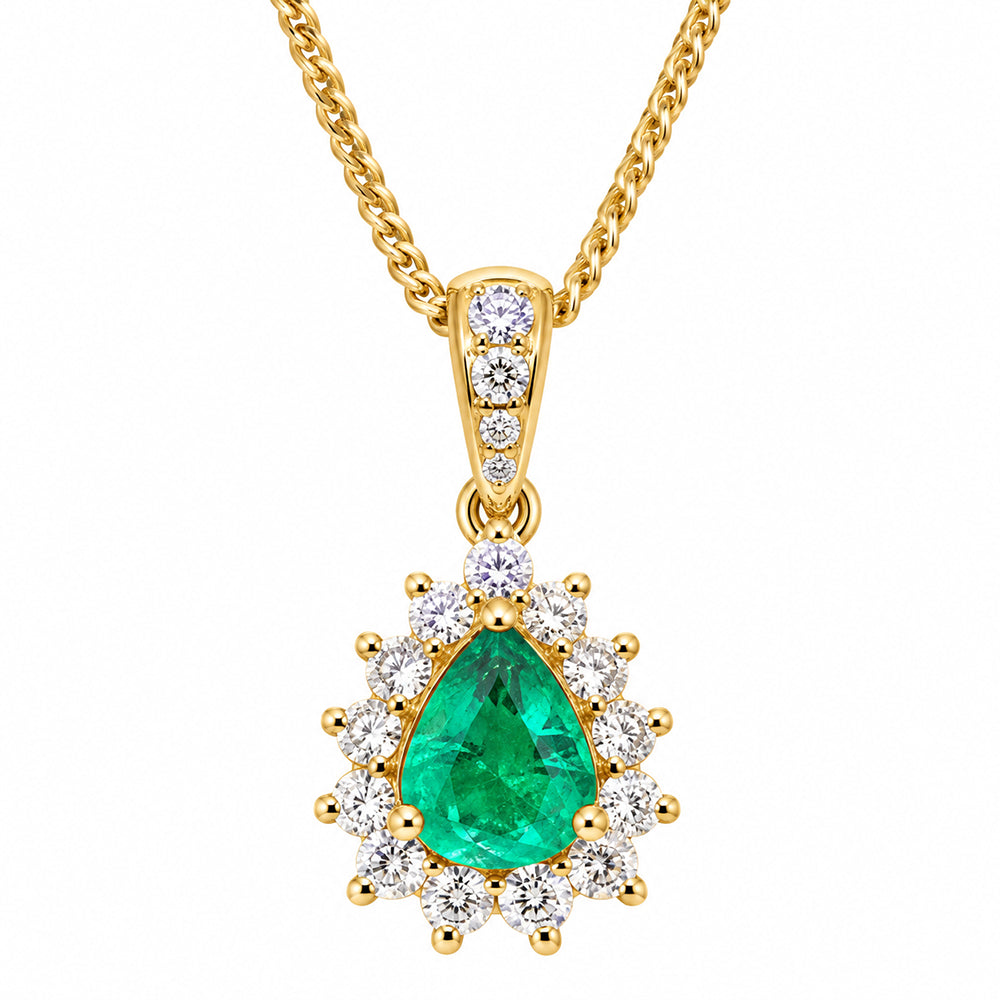 9ct white gold pear shape emerald & diamond cluster pendant