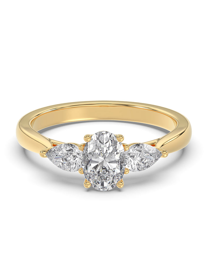 18ct yellow gold Laboratory Grown 1.10ct oval & pear cut three stone ring