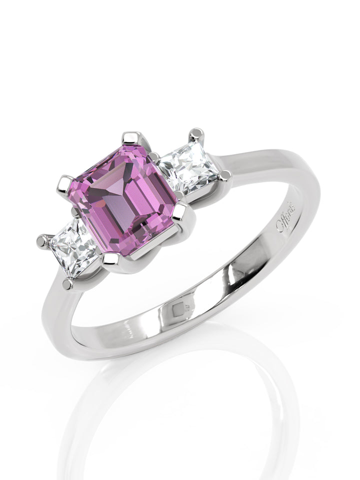 Platinum pink sapphire & Diamond three stone ring