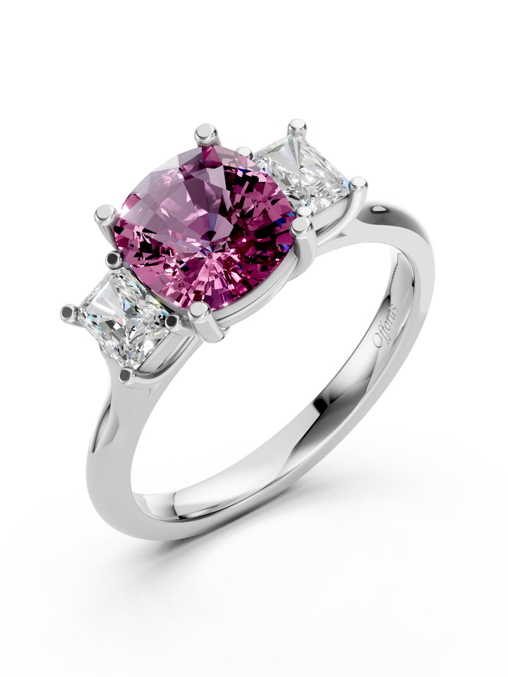 Platinum pink sapphire & diamond three stone ring