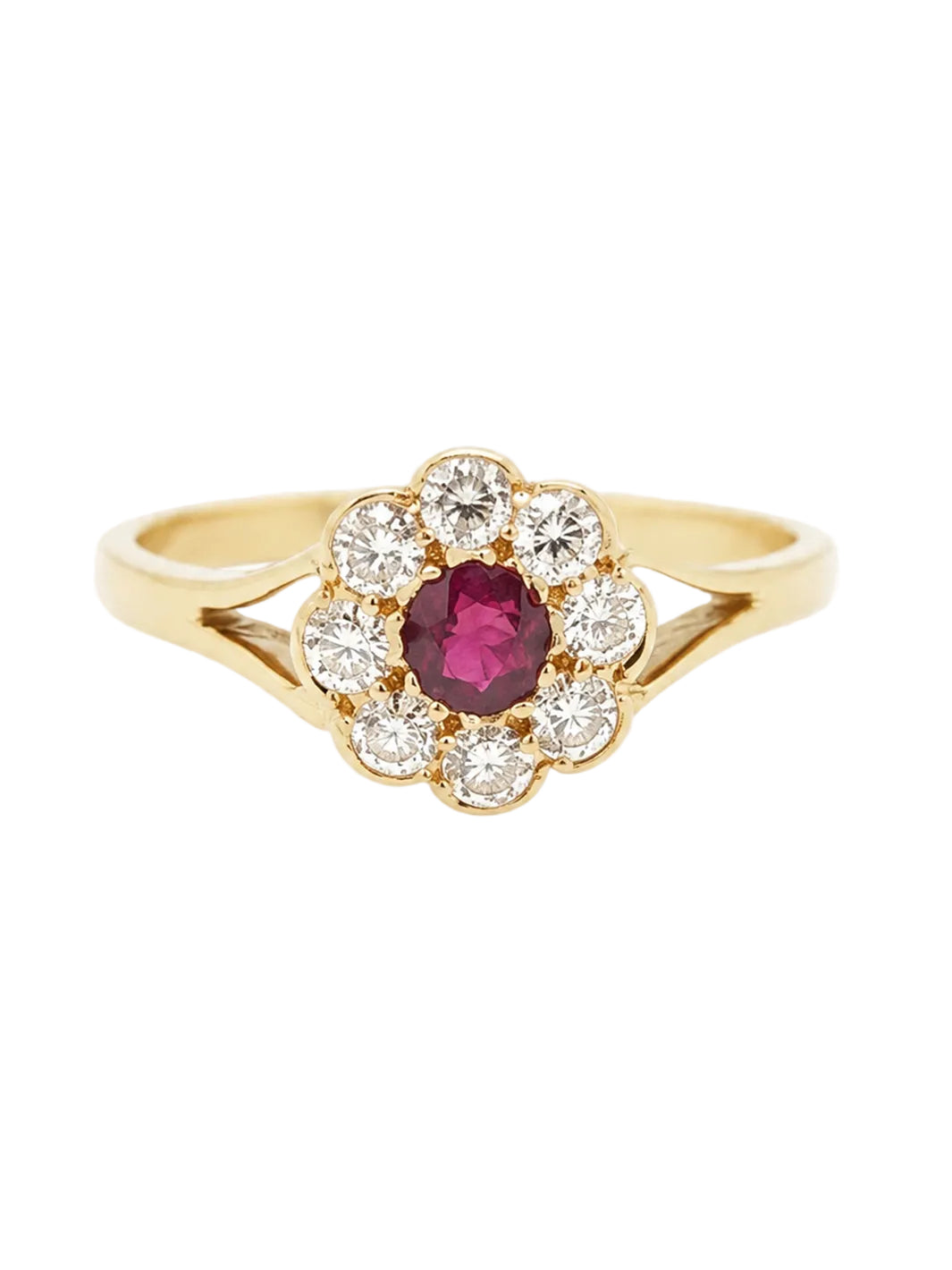 Pre-owned 18ct yellow gold ruby and diamond cluster ring