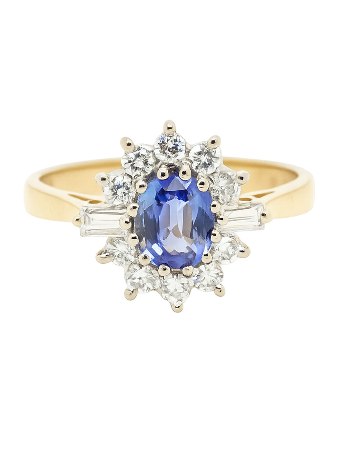 Pre-owned 18ct yellow gold oval sapphire and diamond cluster ring