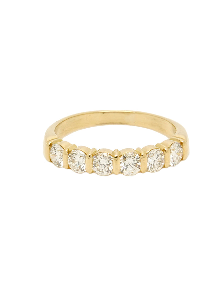 Pre-owned yellow gold bar set 6 diamond half eternity ring