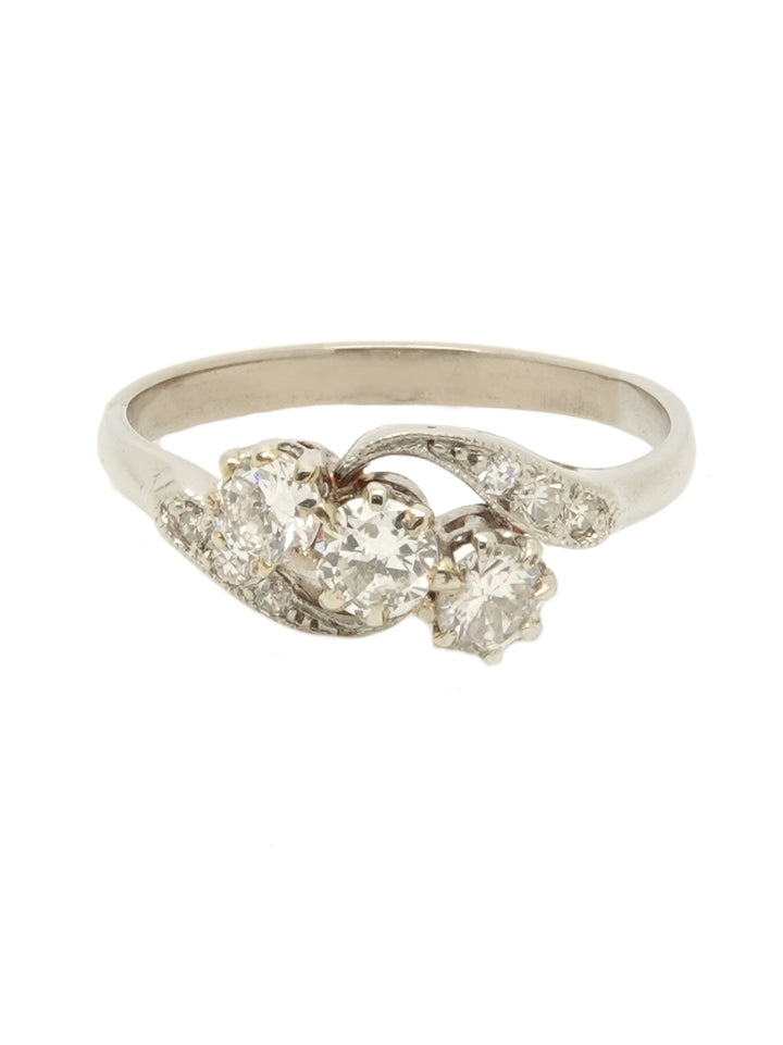 Pre-owned 18ct white gold 3 stone diamond cross over ring