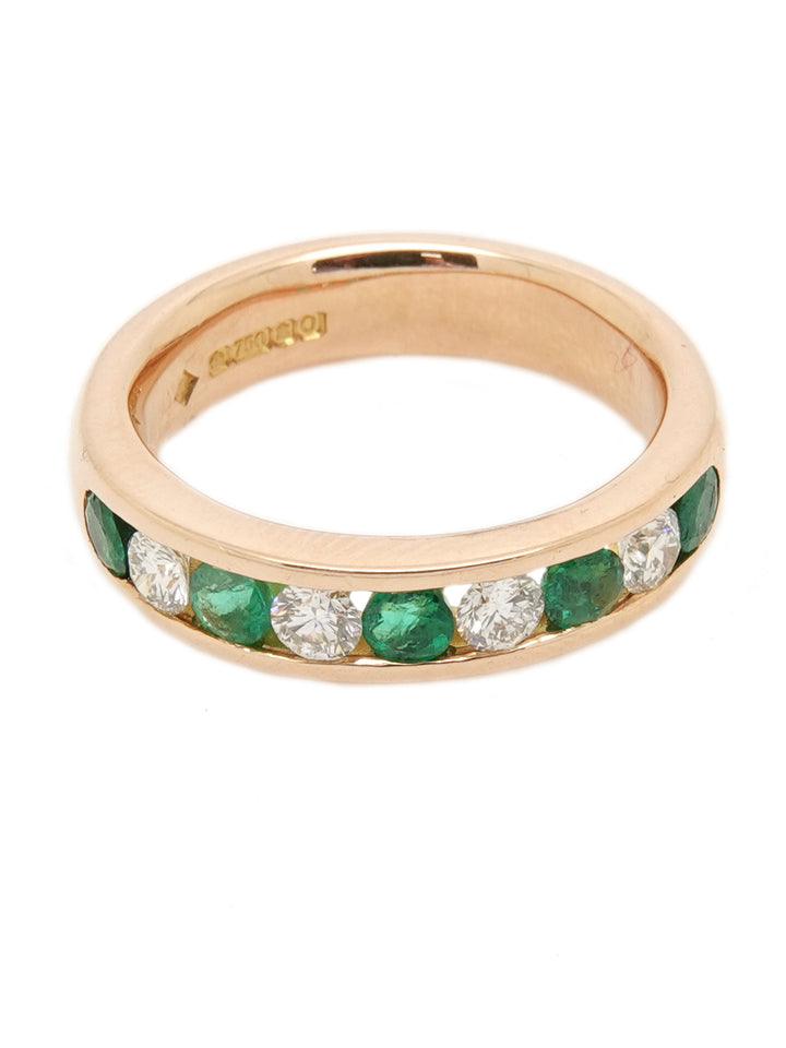 Pre-owned 18ct rose gold emerald and diamond half eternity ring