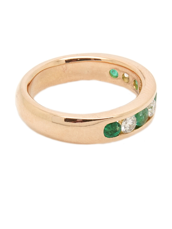 Pre-owned 18ct rose gold emerald and diamond half eternity ring