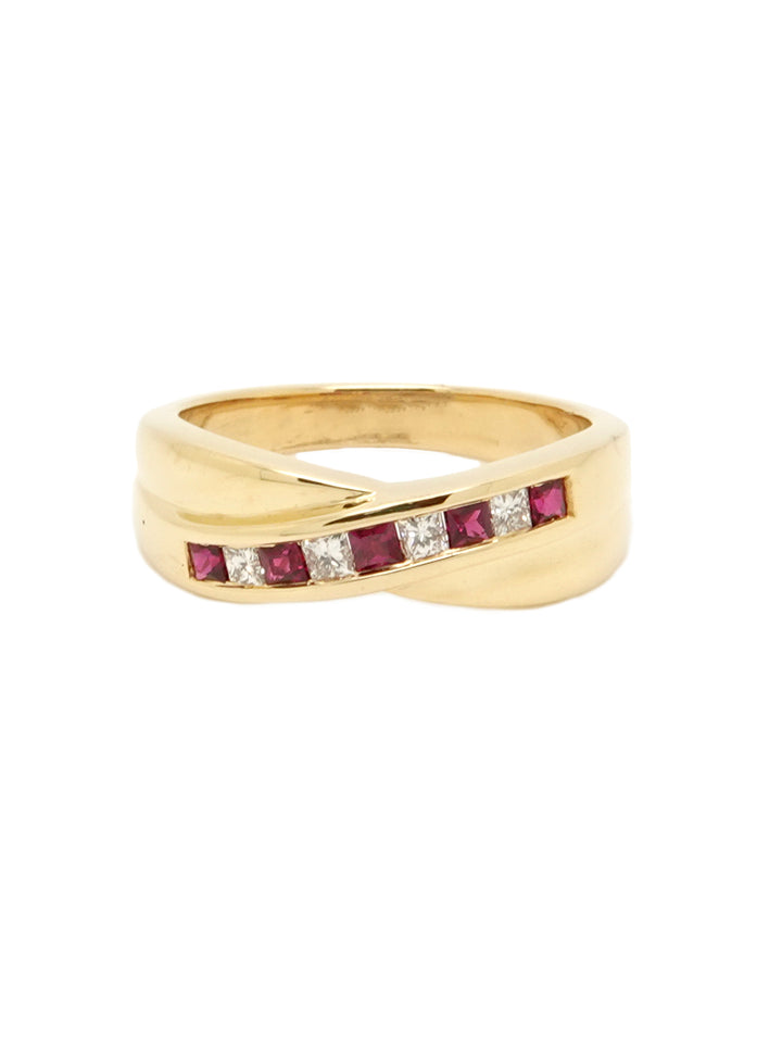 Pre-owned 18ct yellow gold princess cut ruby and diamond cross over ring