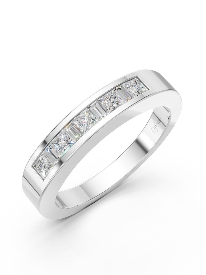 18ct white gold 9 stone Princess & baguette cut diamond channel set eternity ring