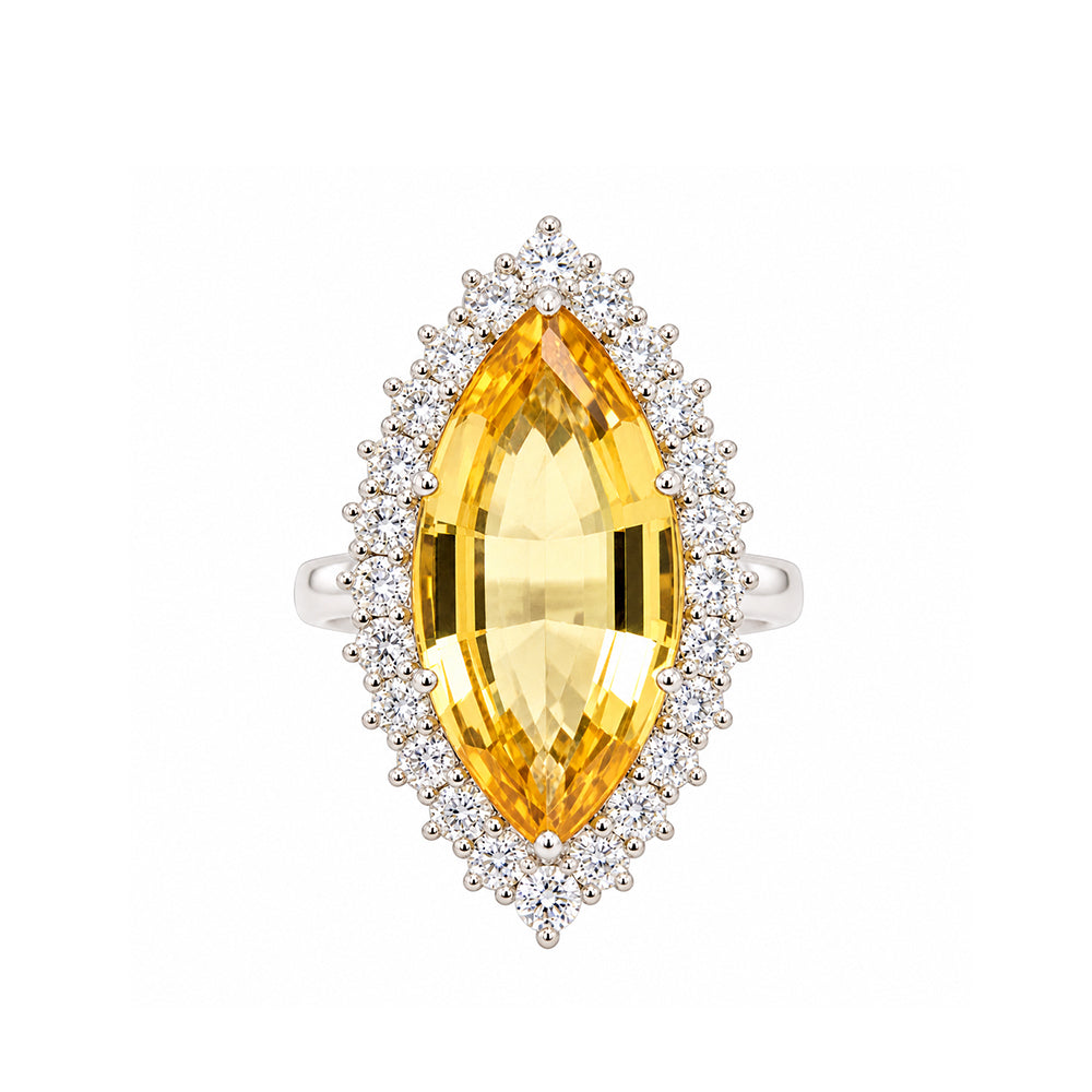 Pre-owned 18ct white gold marquise shaped yellow beryl and diamond cluster ring