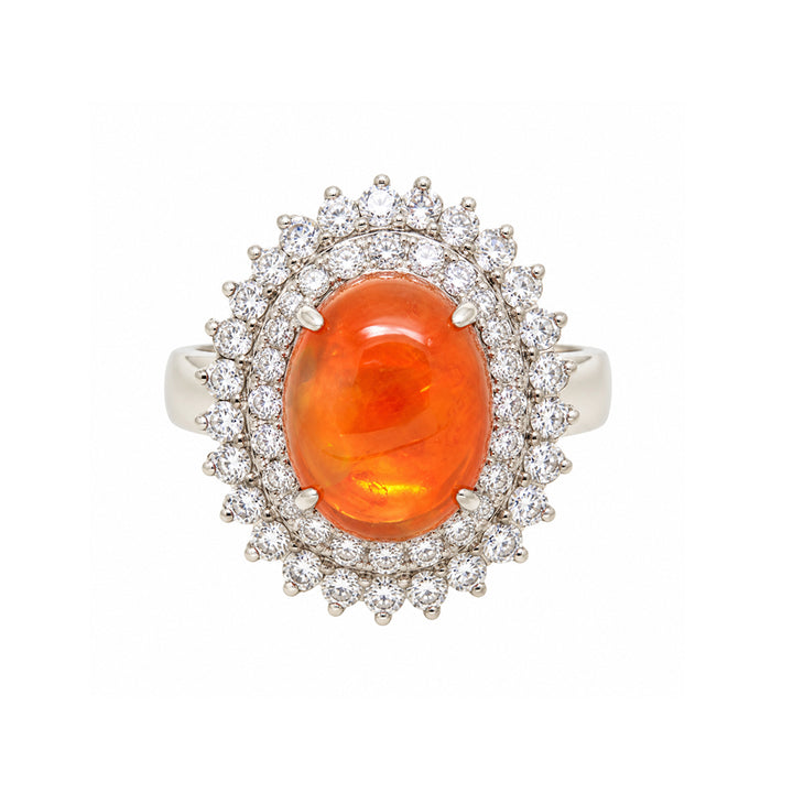 Pre-owned 18ct white gold fire opal and diamond double cluster ring