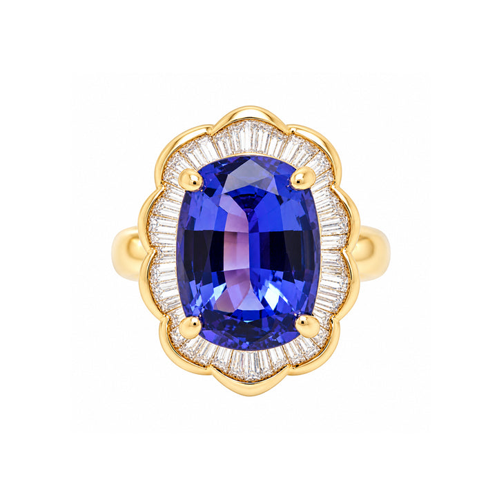 Pre-owned 18ct yellow gold tanzanite cluster ring with baguette cut diamond surround