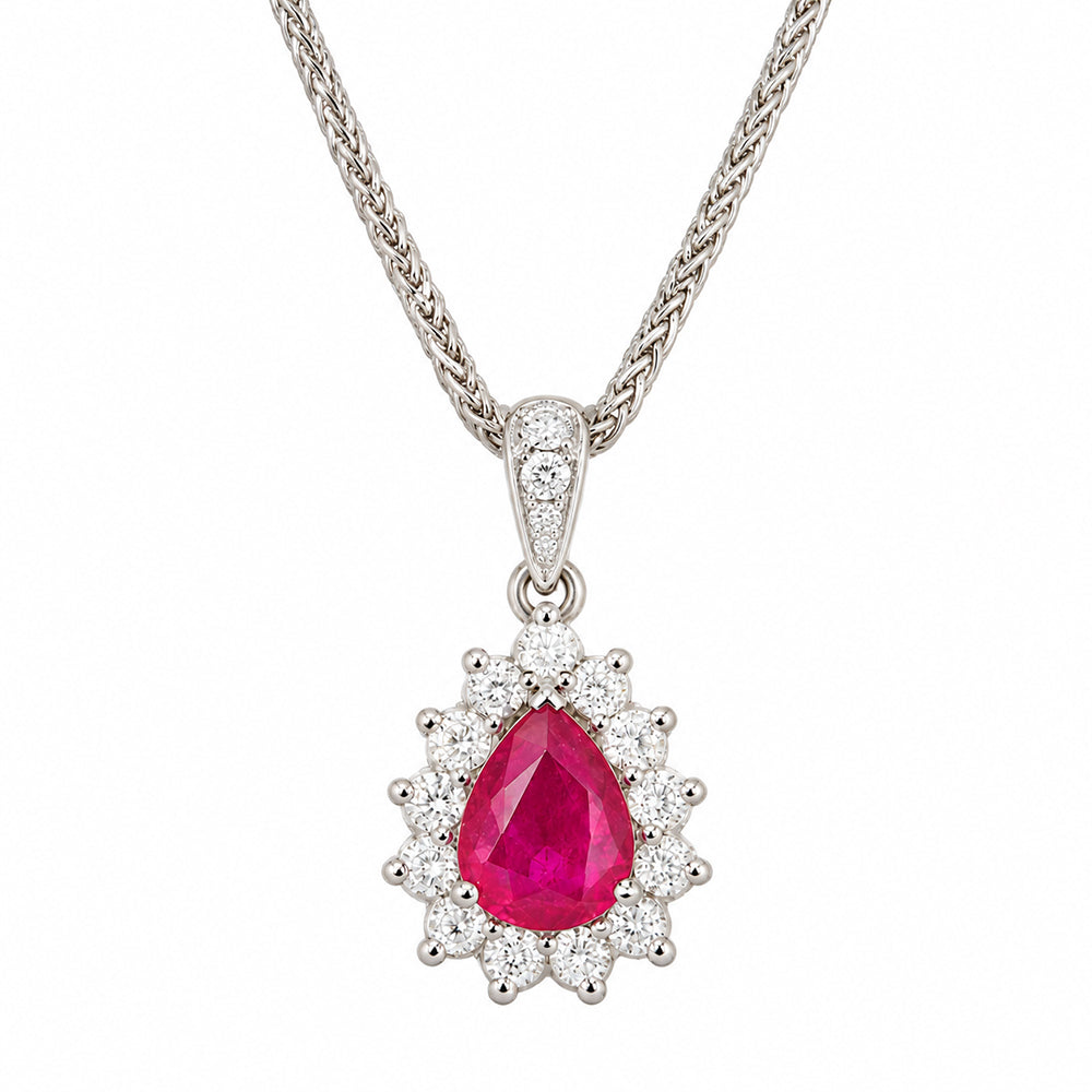 9ct white gold pear shape ruby & diamond cluster pendant