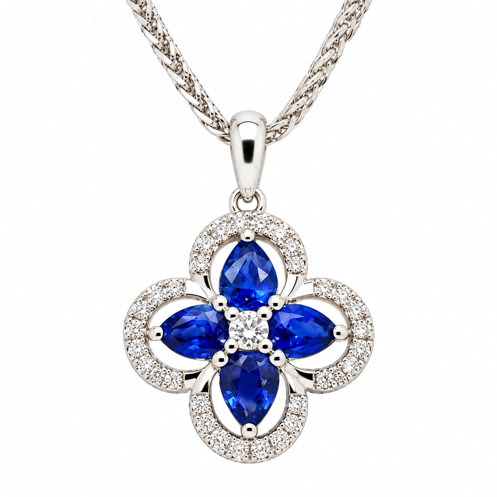 9ct white gold sapphire & diamond floral pendant & chain