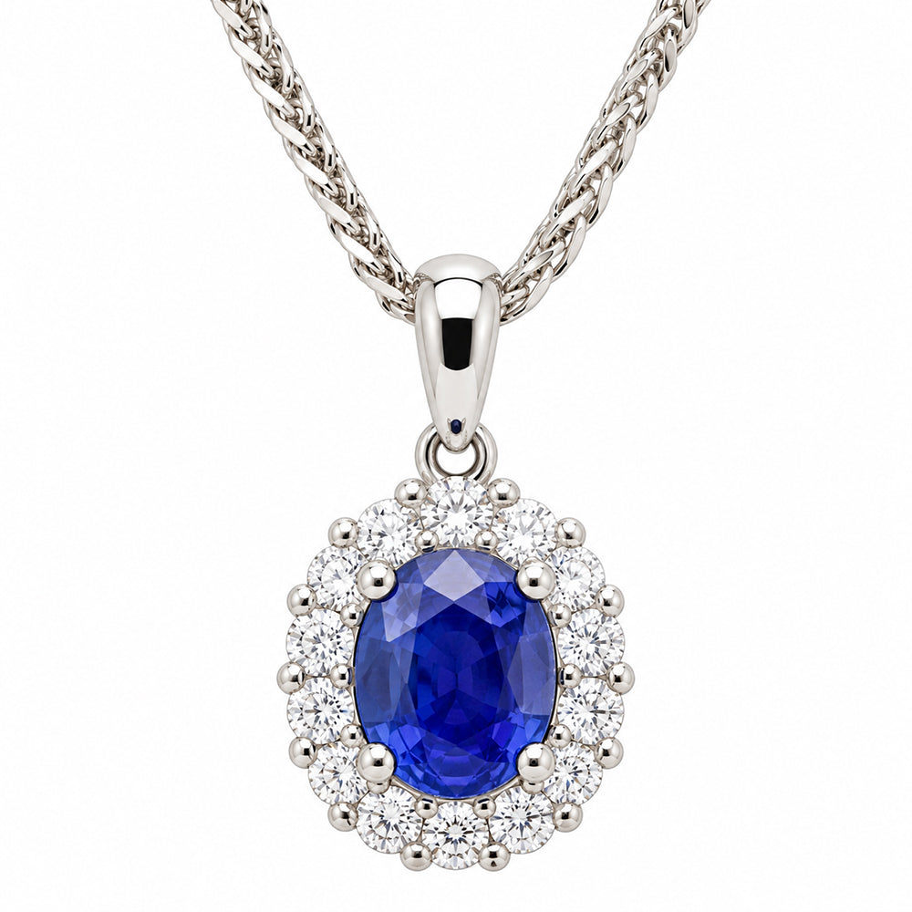 9ct white gold sapphire & diamond oval cluster pendant on chain