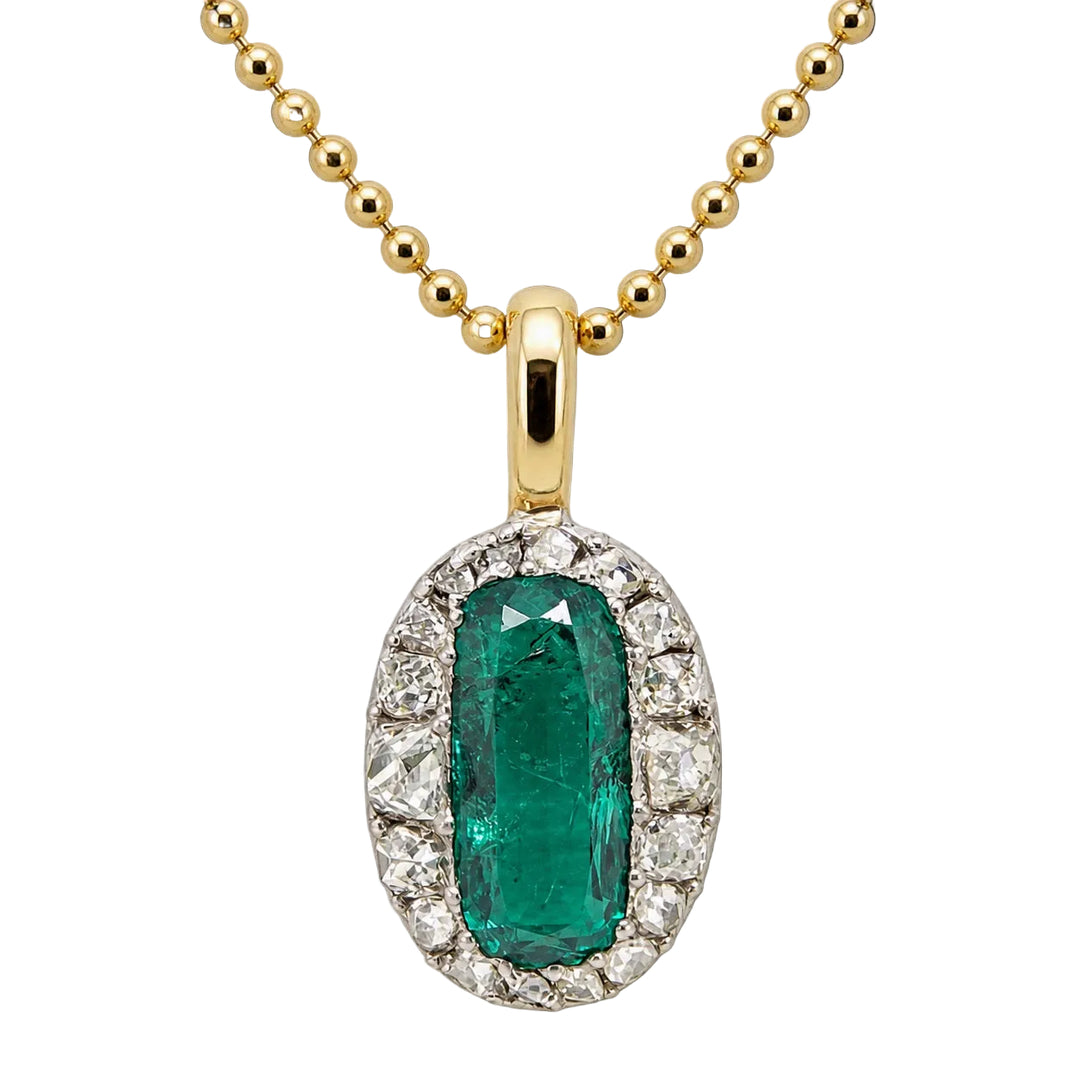 Pre-owned 18ct yellow gold and silver emerald and diamond cluster pendant