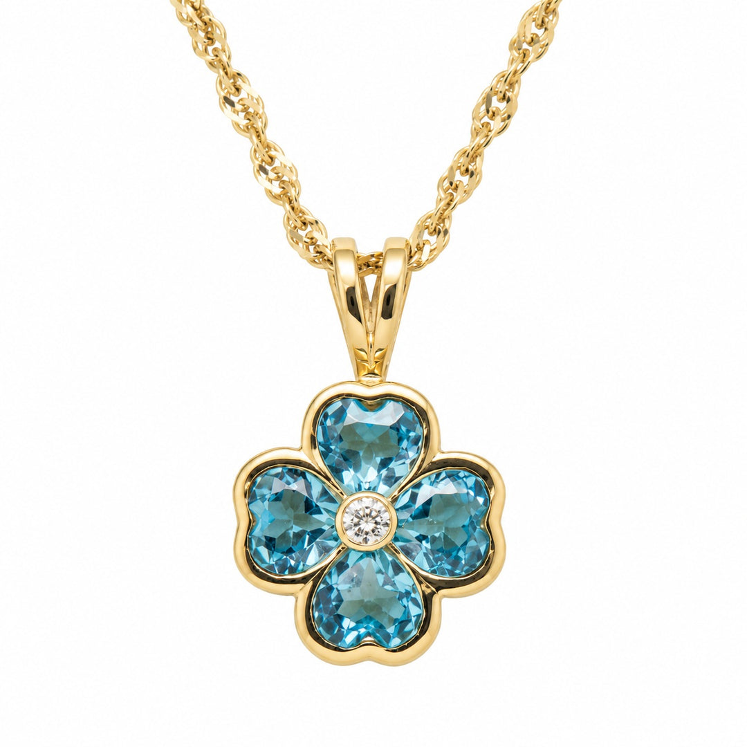 Pre-owned 9ct yellow gold blue topaz and diamond flower pendant