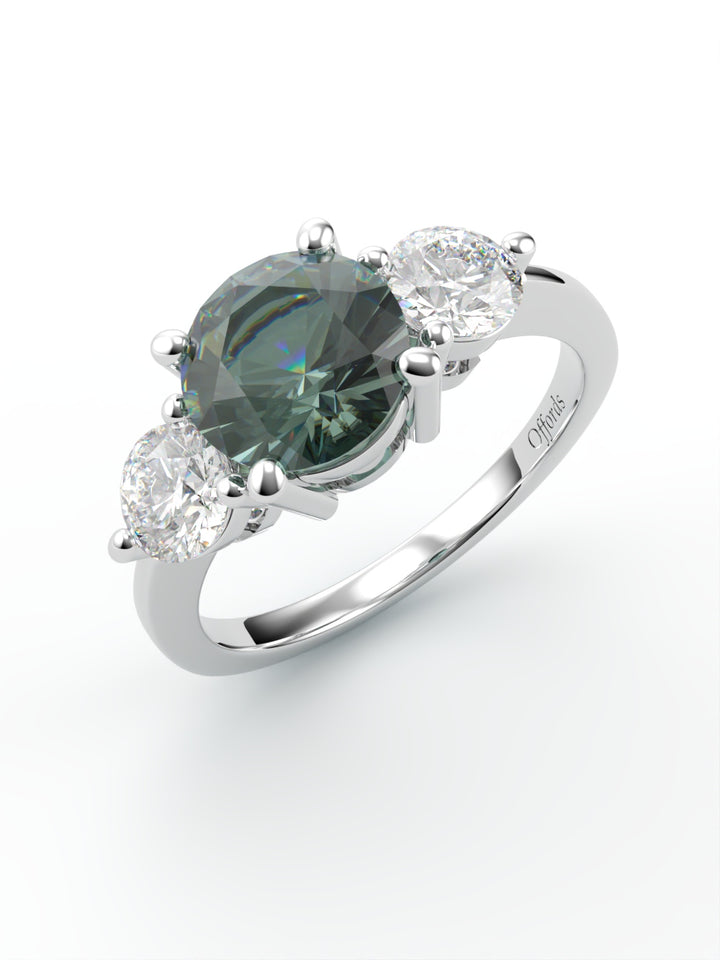 Platinum Teal Sapphire & Diamond 3 stone ring