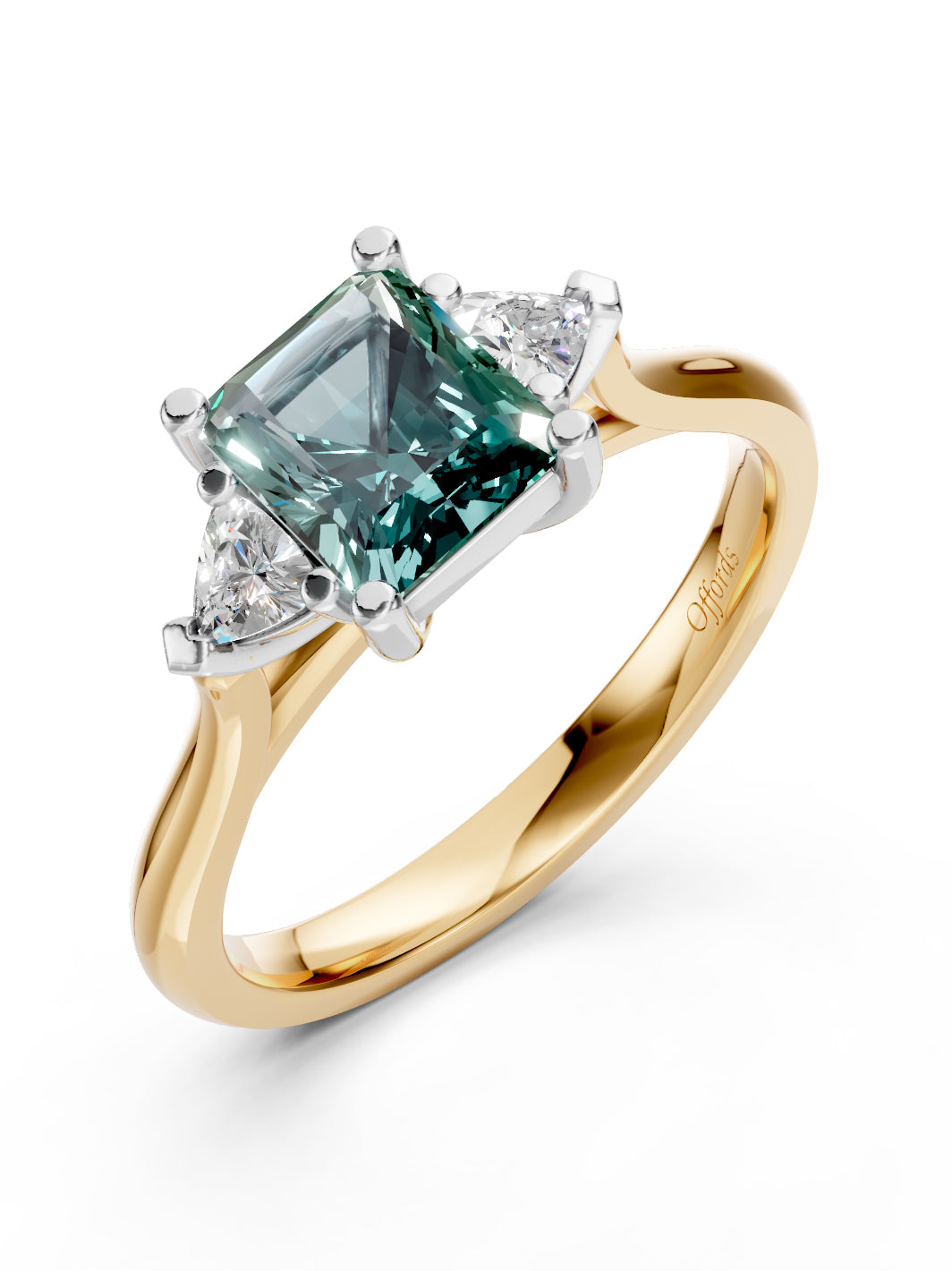Platinum teal sapphire &amp; diamond three stone ring