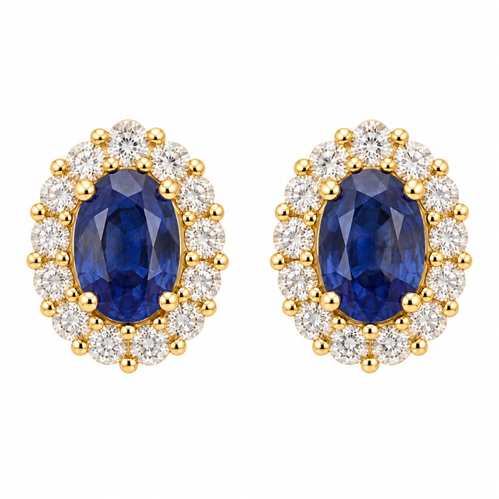9ct yellow gold sapphire & diamond oval cluster earrings