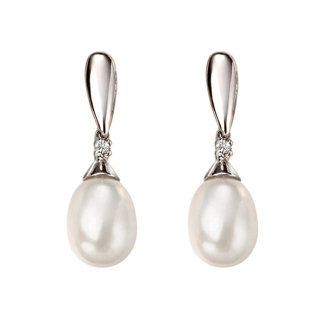 Elements Gold Freshwater Pearl and Diamond Drop Earrings