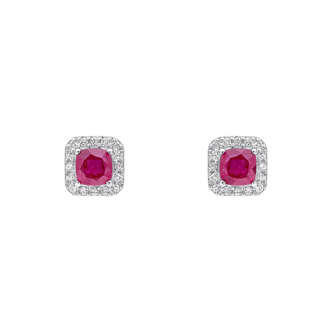Elements Gold Cushion Cut Ruby with Diamond Halo Stud Earrings