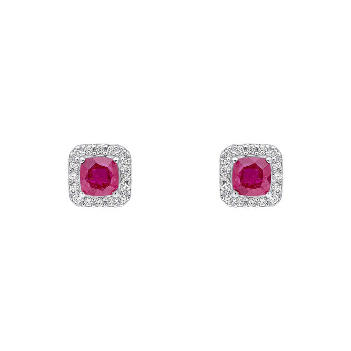 Elements Gold Cushion Cut Ruby with Diamond Halo Stud Earrings