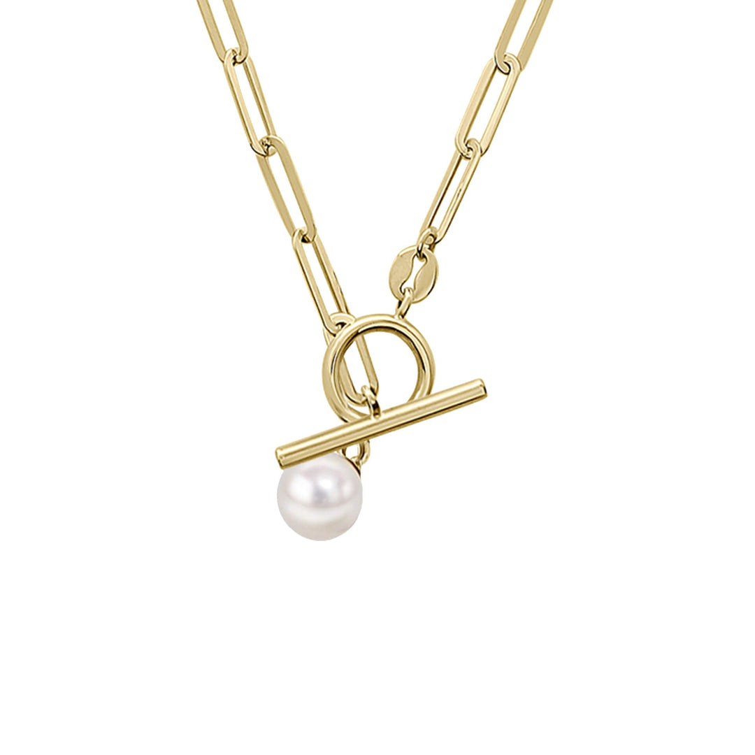 Elements Gold T-Bar Chain Necklace with Freshwater Pearl Charm