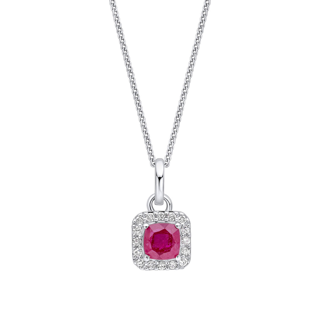 Elements Gold Cushion Cut Ruby with Diamond Halo Pendant