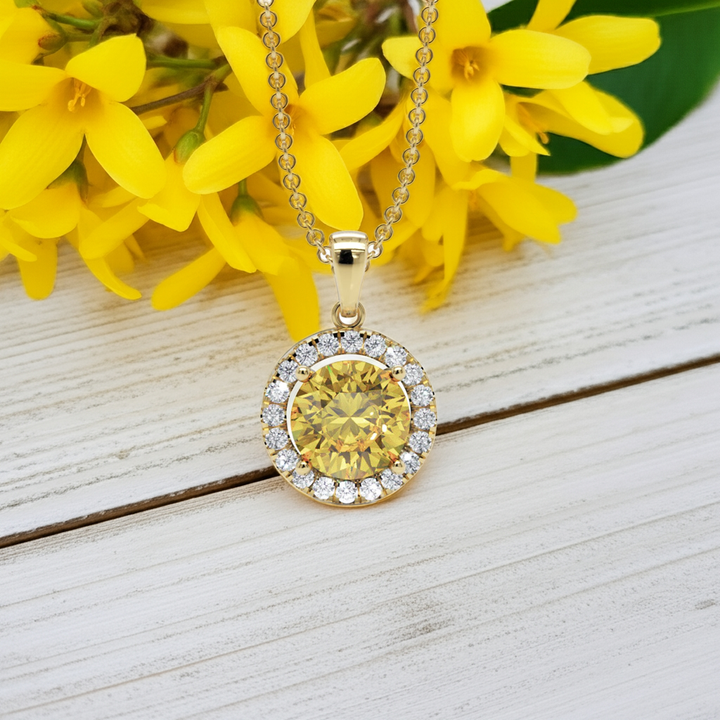 18ct yellow gold yellow sapphire and diamond pendant and chain