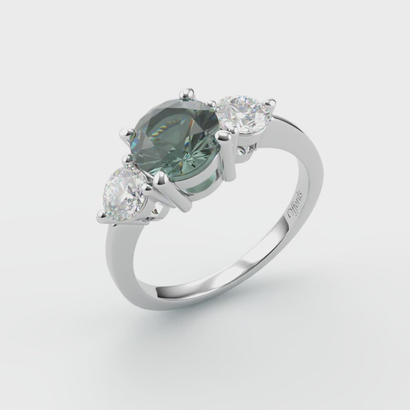 Platinum Teal Sapphire & Diamond 3 stone ring