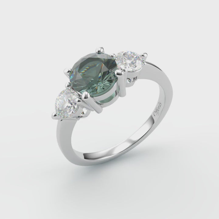 Platinum Teal Sapphire & Diamond 3 stone ring