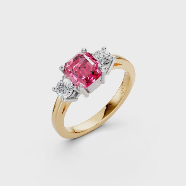 18ct & platinum pink Mehenge spinel & diamond three stone ring