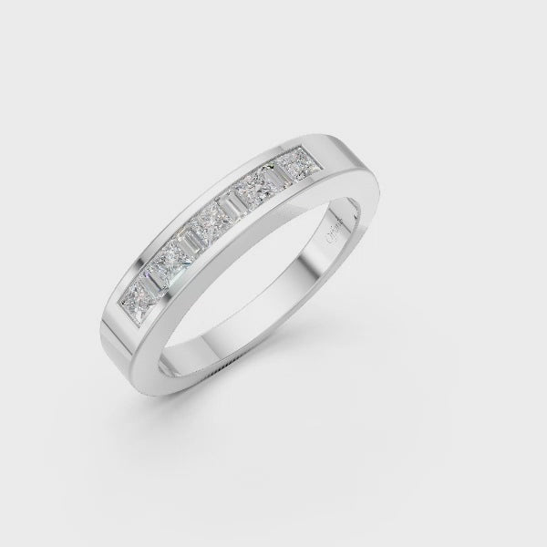 18ct white gold 9 stone Princess & baguette cut diamond channel set eternity ring