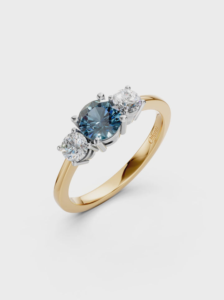 18ct & platinum teal green sapphire & diamond 3 stone ring