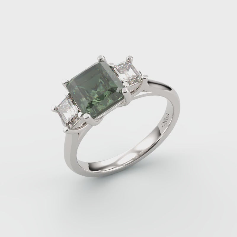 Platinum teal sapphire & diamond three stone ring