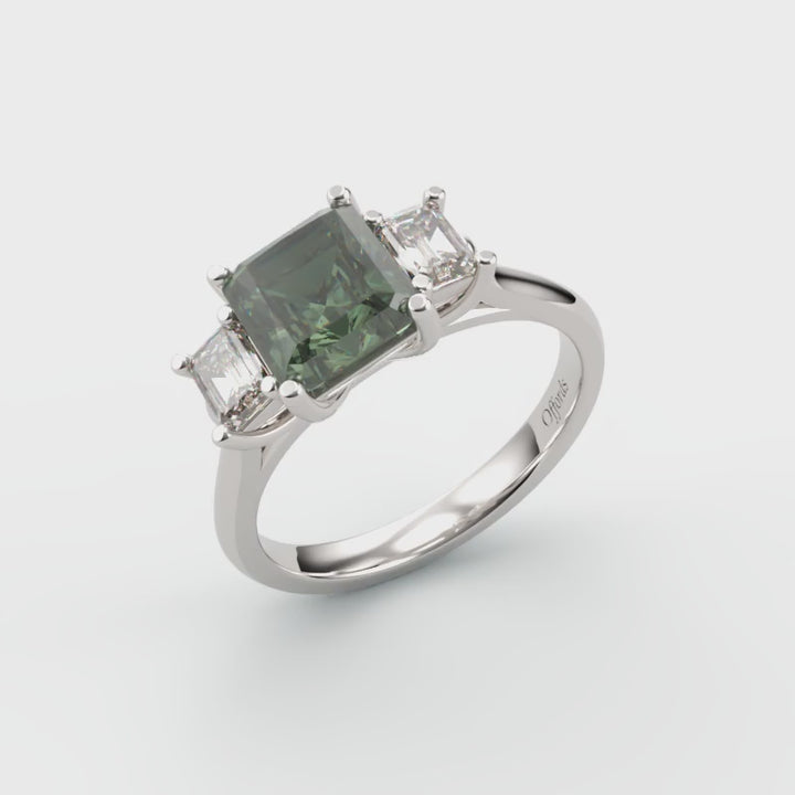 Platinum teal sapphire & diamond three stone ring
